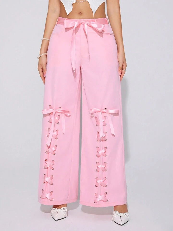 CM-BS621018 Women Casual Seoul Style Drop Waist Loose-Fitting Bow Belted Cargo Pants - Pink