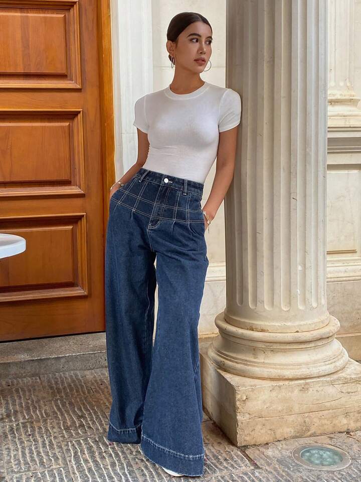 CM-BS285981 Women Casual Seoul Style Dark Wash Loose Wide Leg Denim Jeans