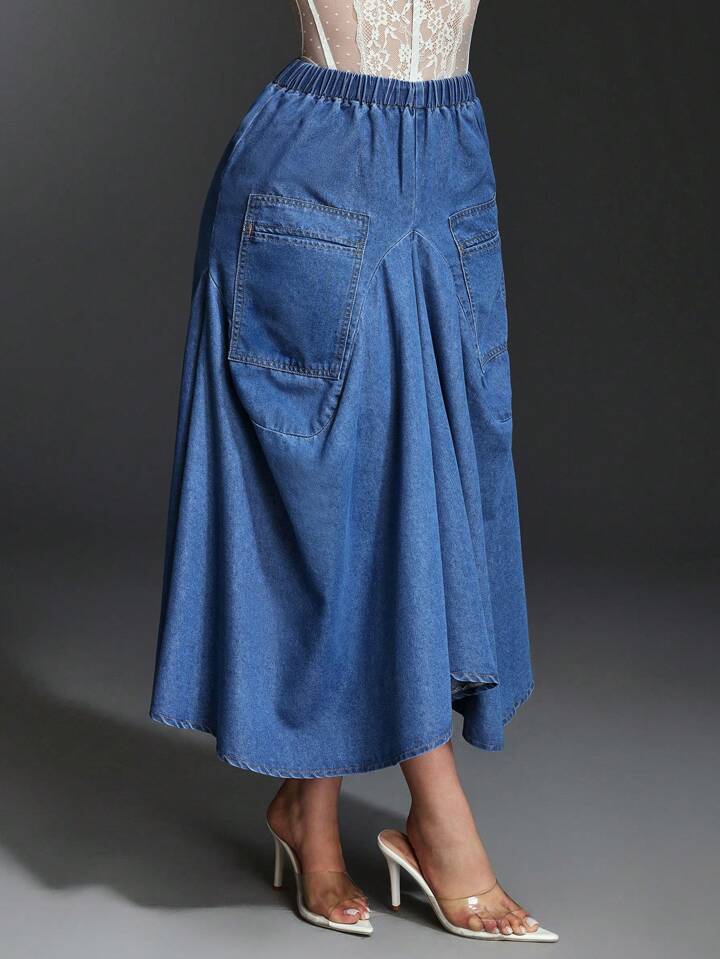 CM-BS176108 Women Casual Seoul Style Elastic Waist Long Loose Denim A-Line Denime Skirt - Blue