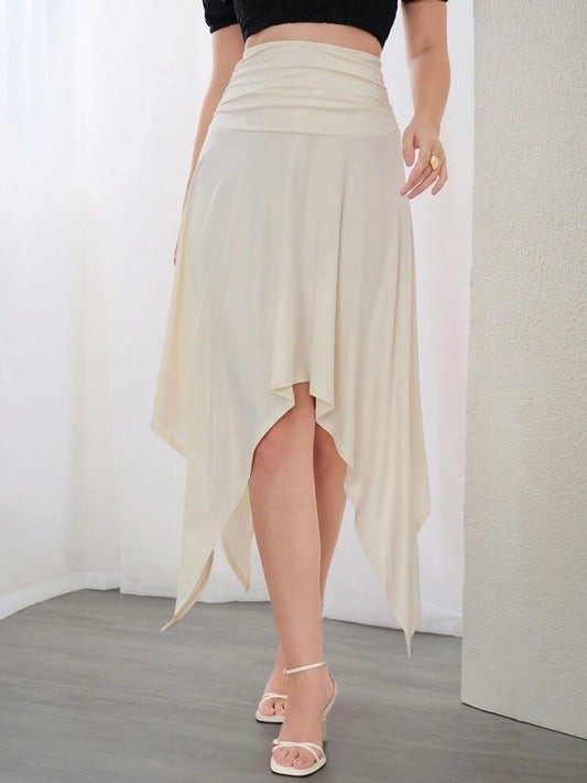 CM-BS622791 Women Elegant Seoul Style Solid Color High Waist Pleated Asymmetrical Hem Skirt