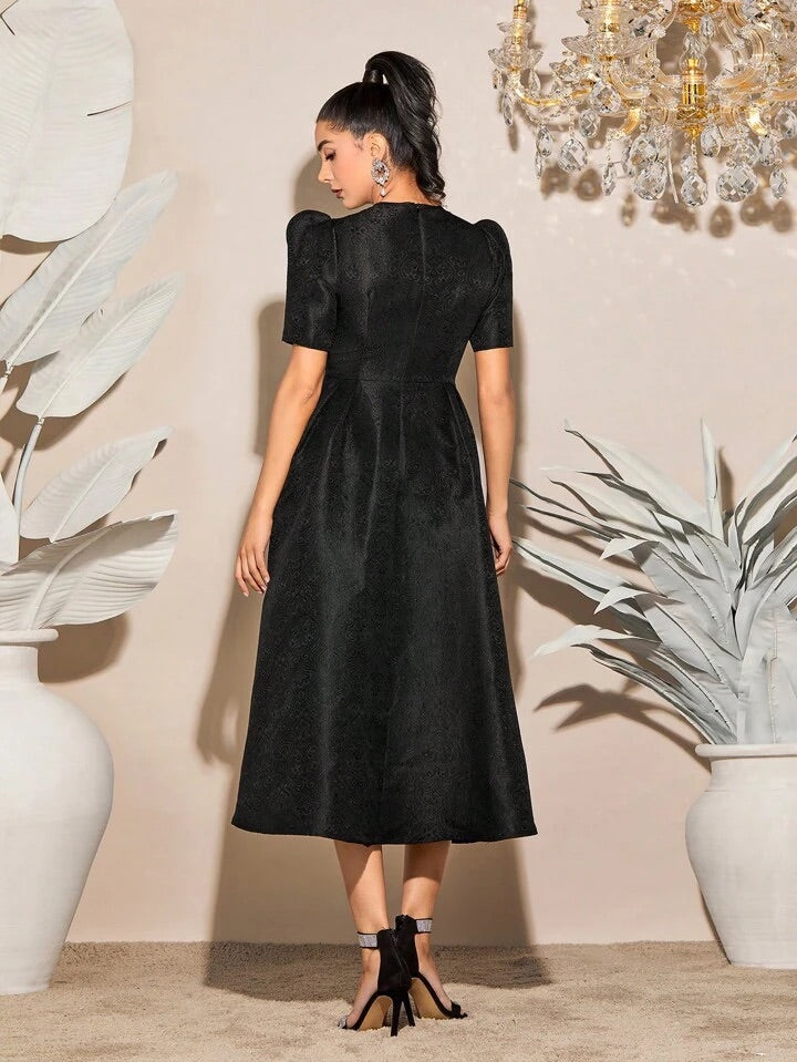 CM-DS225679 Women Elegant Seoul Style Round Neck Solid Puff Sleeve A-Line Dress - Black