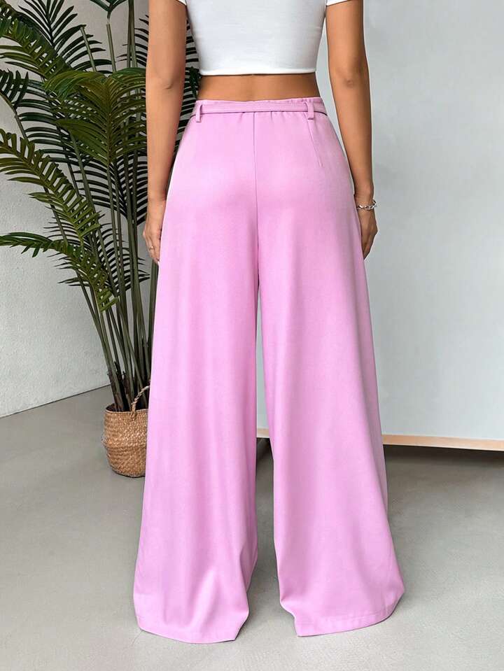 CM-BS652362 Women Elegant Seoul Style Solid Color Pleated Loose Fit Straight Leg Pants - Pink