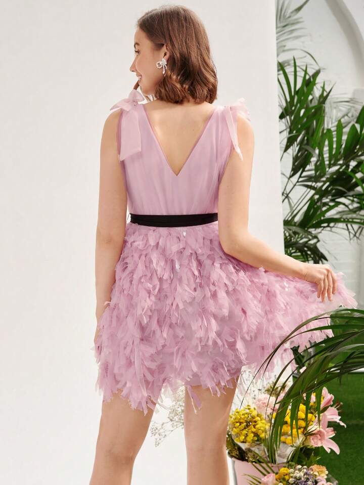 CM-DS533086 Women Elegant Seoul Style Tie Shoulder Belted Fuzzy Trim Dress With Belt - Pink