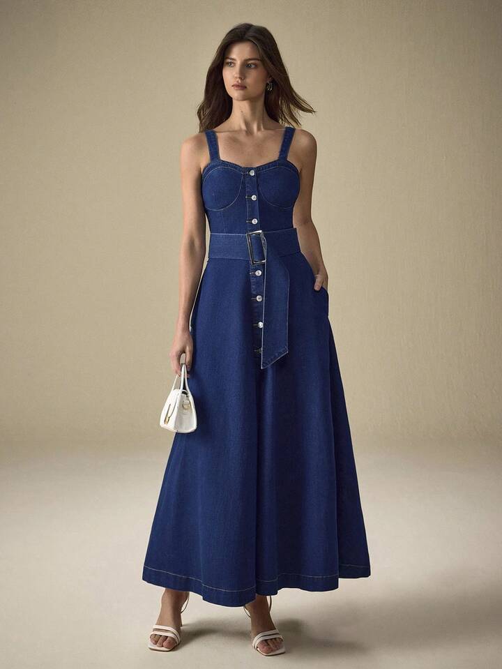 CM-DS980065 Women Elegant Seoul Style Dark Wash Straps Neckline Sleeveless Button Front Buckle Belted Denim Dress