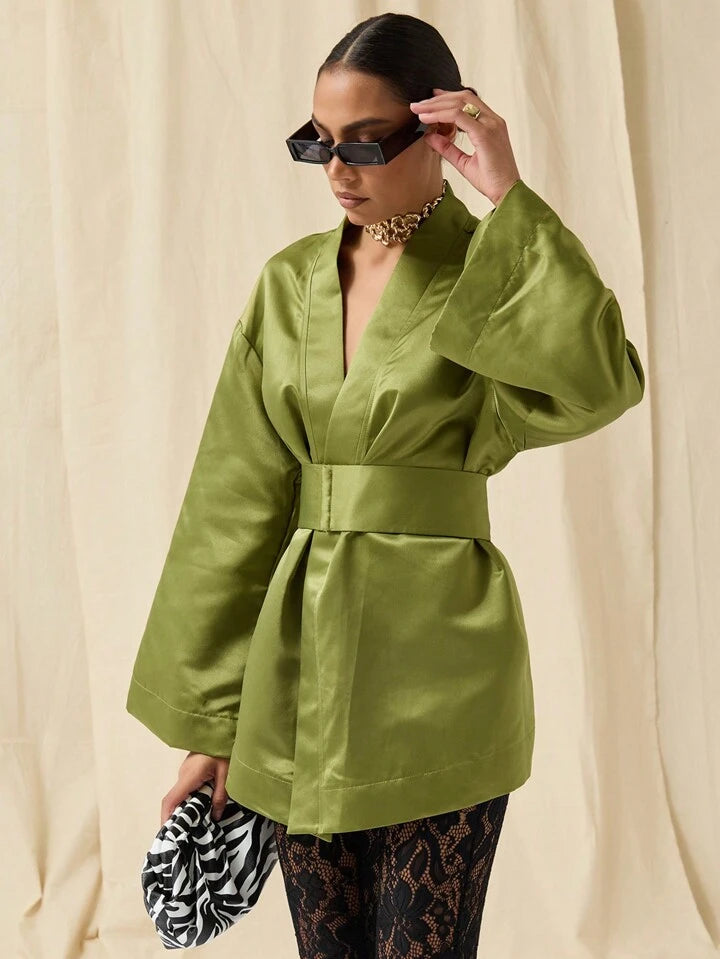 CM-DS756020 Women Elegant Seoul Style Solid Color Deep V-Neck Bell Sleeve Mini Dress - Olive Green