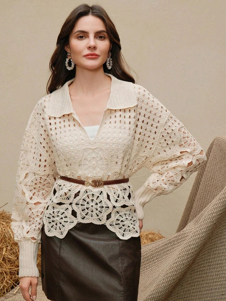 CM-CS191991 Women Elegant Seoul Style Loose Fit Turndown Collar Hollow Out Long Sleeve Sweater - Apricot