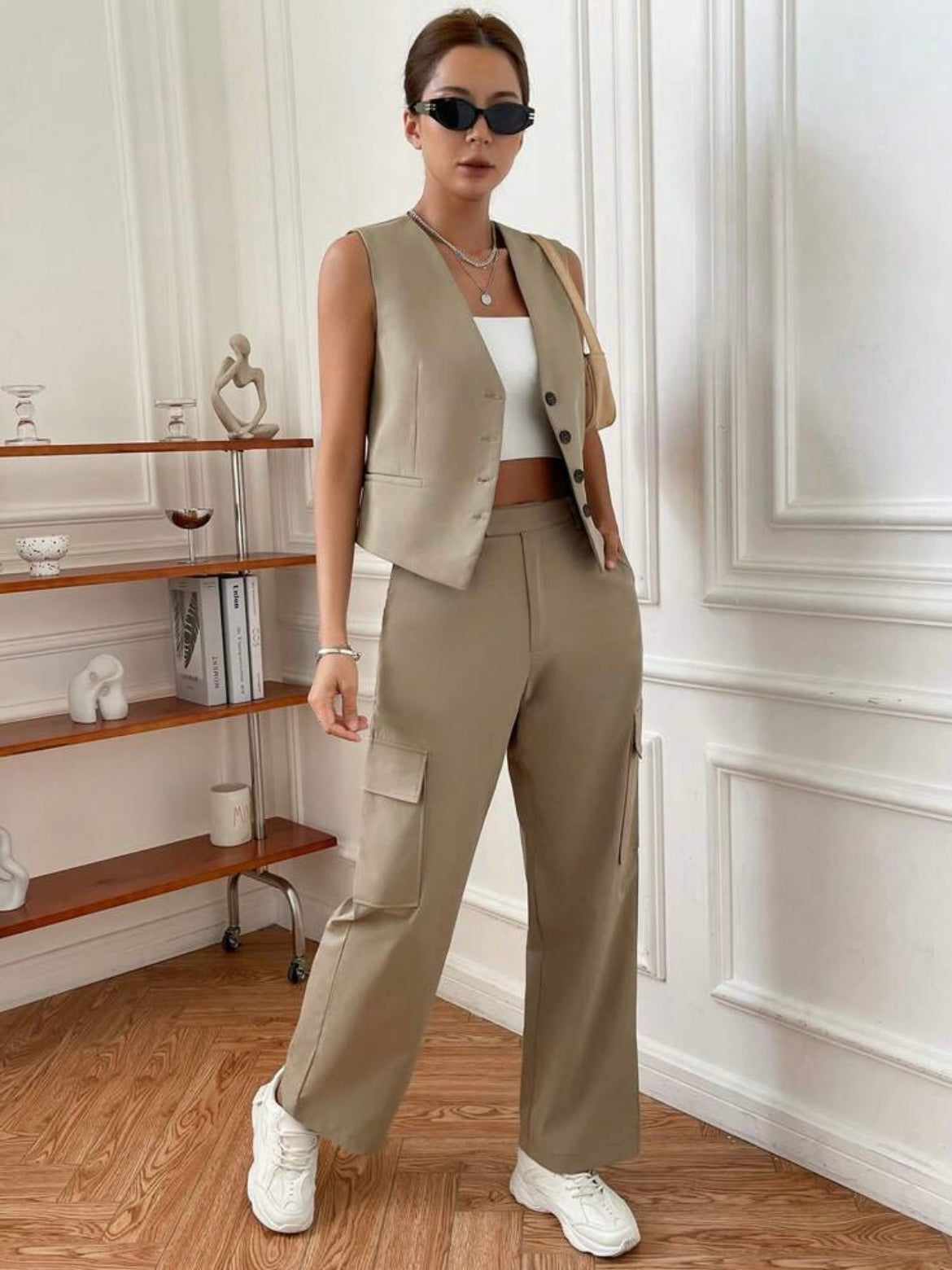 CM-SS906696 Women Elegant Seoul Style V-Neck Sleeveless Vest With Pocket Design Pants - Khaki