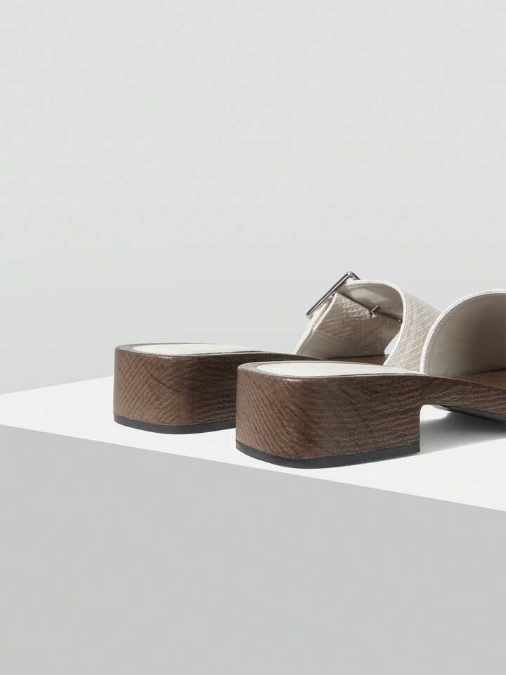 CM-SHS493873 Women Trendy Seoul Style Wooden Slip-On With Large Buckle PU Wedge Sandals - White