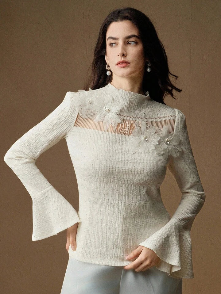 CM-TS613963 Women Elegant Seoul Style Floral Appliques Stand Collar Extra Long Flared Sleeve Blouse - Apricot