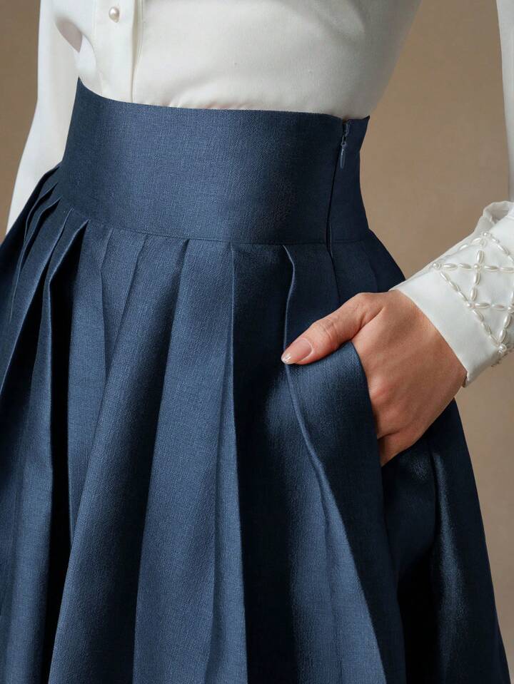 CM-BS166867 Women Elegant Seoul Style High Waisted Puff Pleated Long Skirt - Navy Blue
