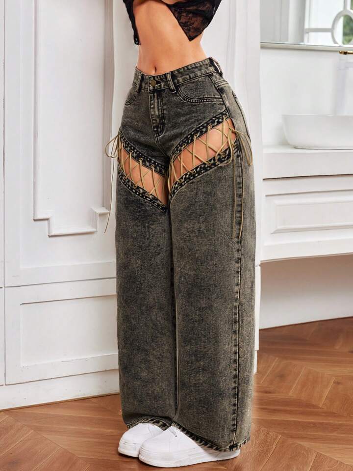 CM-BS548188 Women Casual Seoul Style Hollow Out Solid Color Wide Leg Jeans With Pockets - Black