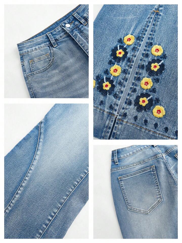 CM-BS483376 Women Elegant Seoul Style Mid Waist Embroidered Floral Flared Jeans - Blue