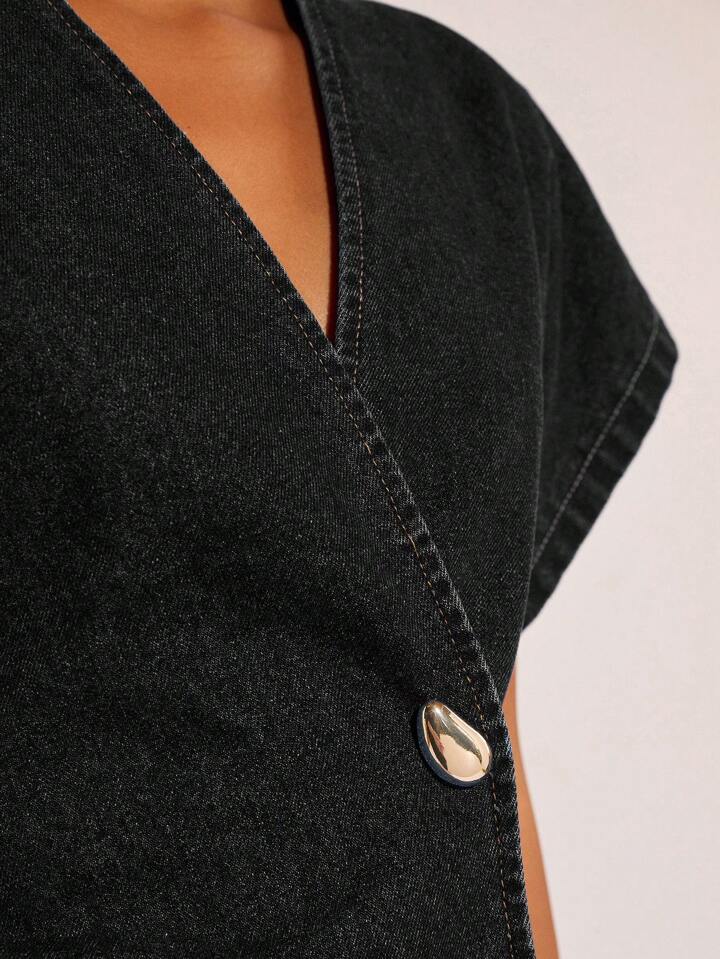 CM-TS592827 Women Casual Seoul Style Single-Button V-Neck Batwing Sleeve Denim Blouse - Black