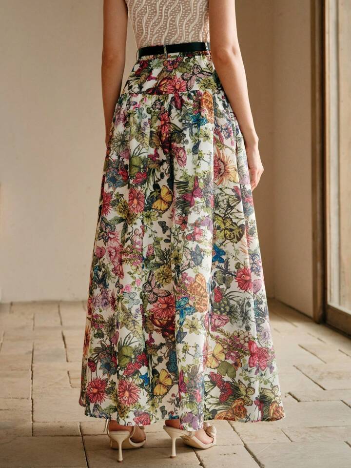 CM-BS435579 Women Elegant Seoul Style High Waist Butterfly Print Belted A-Line Hem Long Skirt