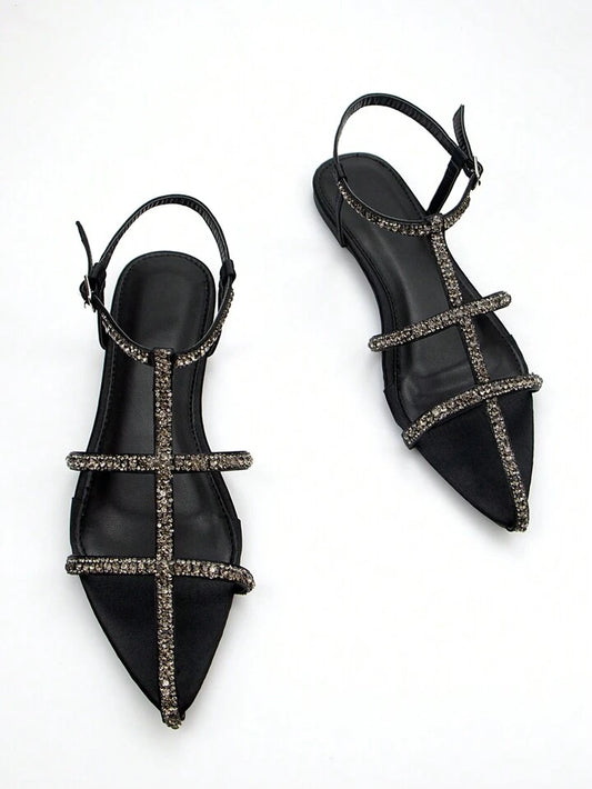 CM-SHS622051 Women Trendy Seoul Style Rhinestone Embellished Pointed Toe Flat Sandals - Black
