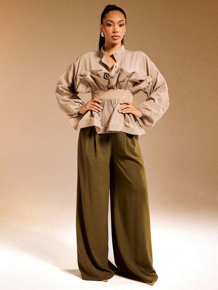 CM-TS852003 Women Elegant Seoul Style Stand Collar 3/4 Sleeve Ruffle Peplum Balloon Sleeve Woven Top - Khaki