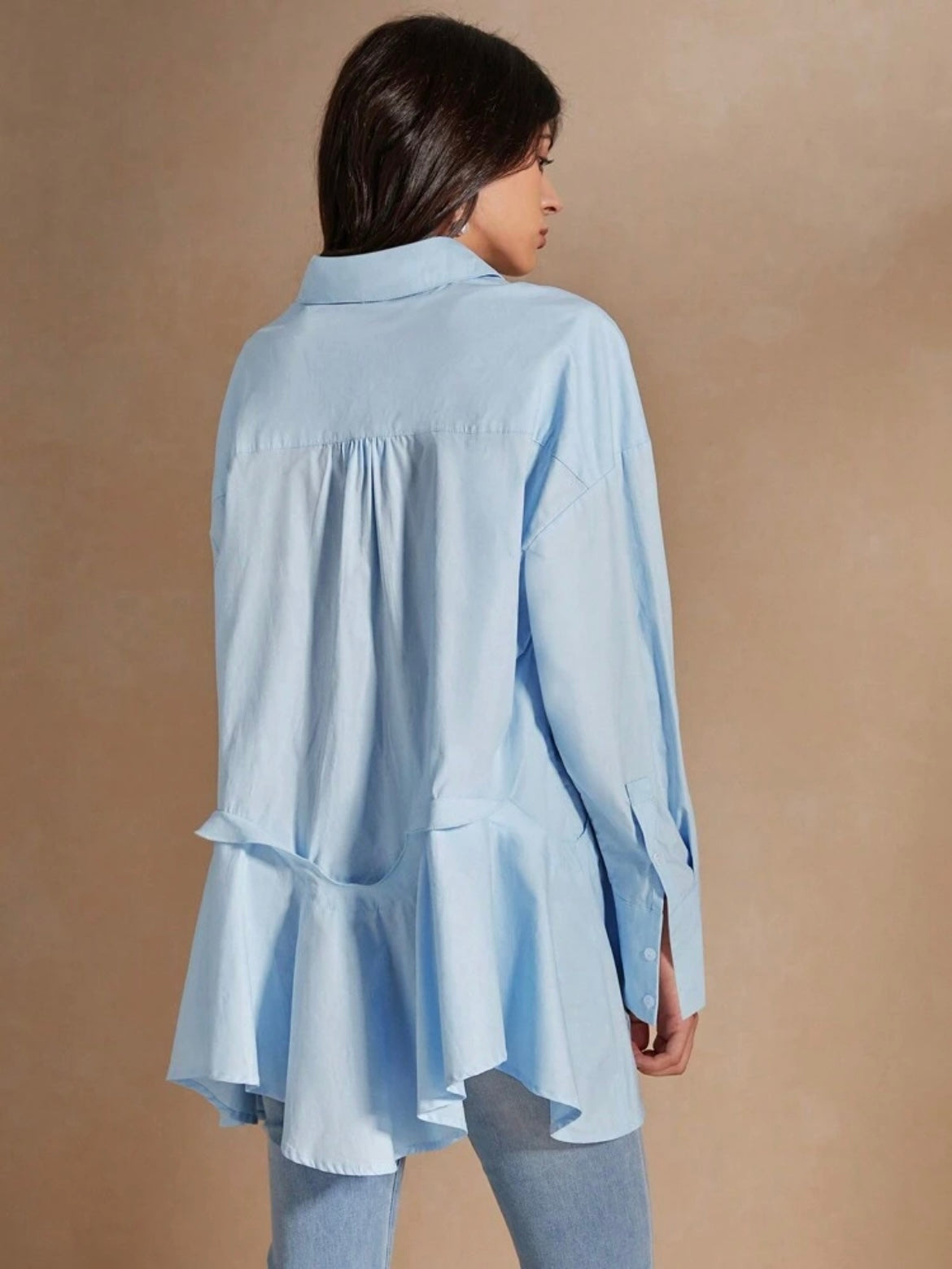 CM-TS493804 Women Casual Seoul Style Solid Color Asymmetrical Hemline Long Sleeve Shirt - Blue