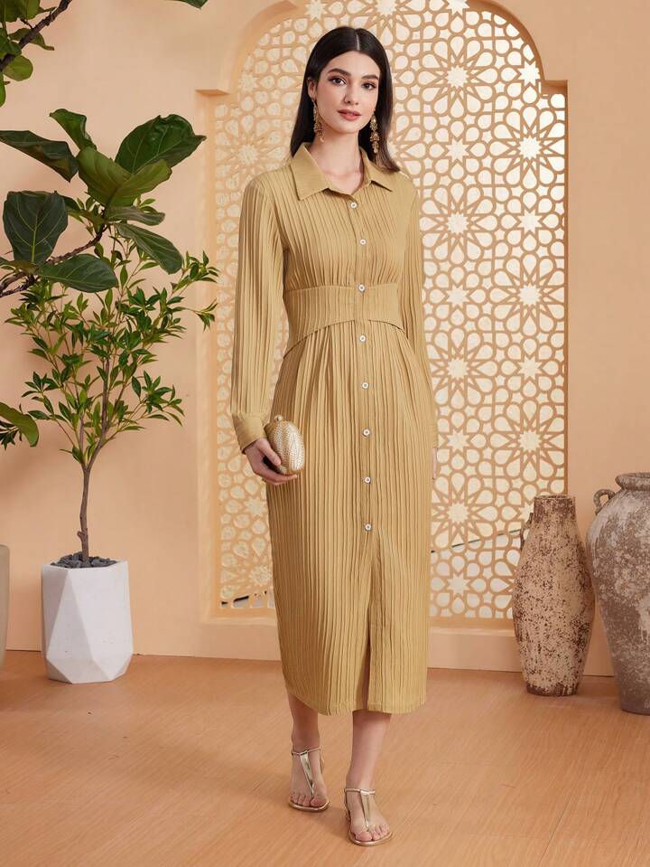 CM-DS174744 Women Elegant Seoul Style Shirt Collar Front Button Up Pleated Dress - Khaki