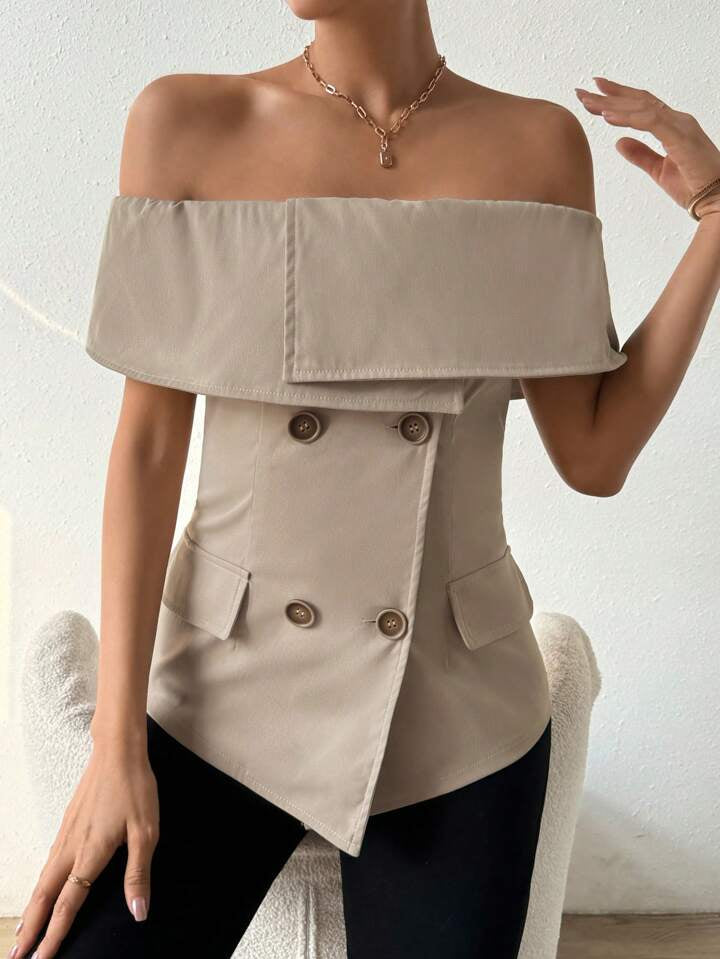 CM-TS245285 Women Casual Seoul Style Off-Shoulder Bandeau Neckline Slim Fit Shirt