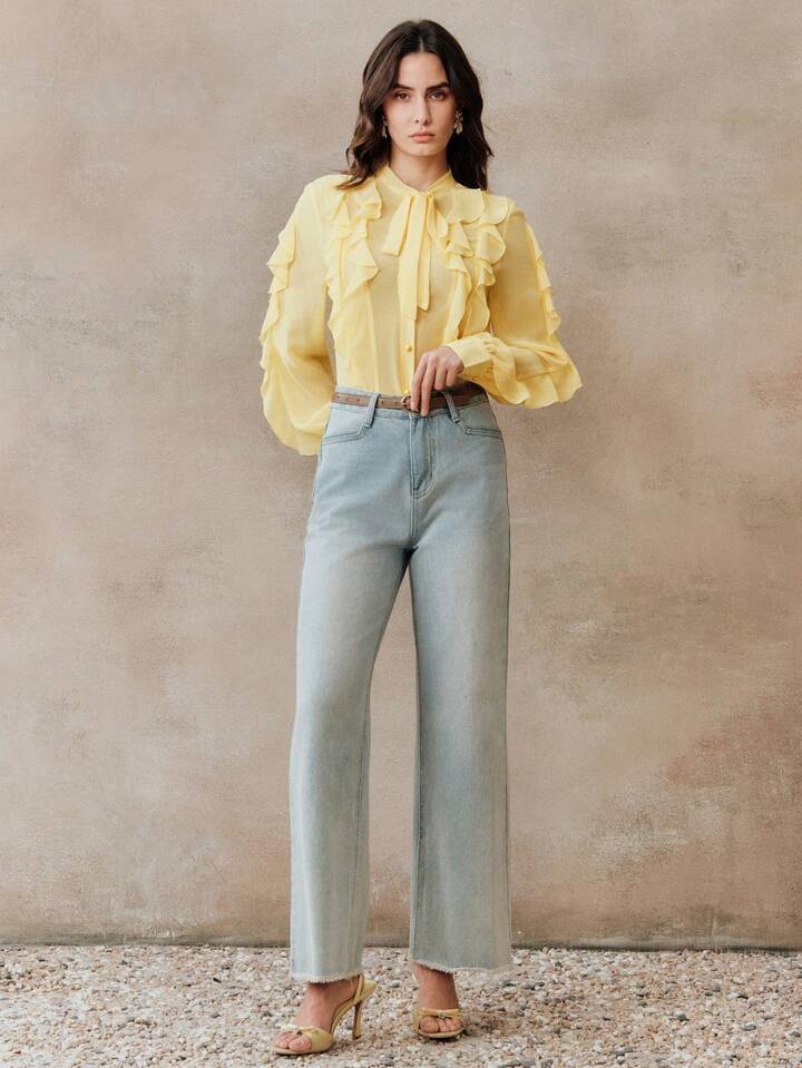 CM-TS521178 Women Elegant Seoul Style Minimalist Tie-Front Ruffle Trim Long Sleeve Blouse - Yellow