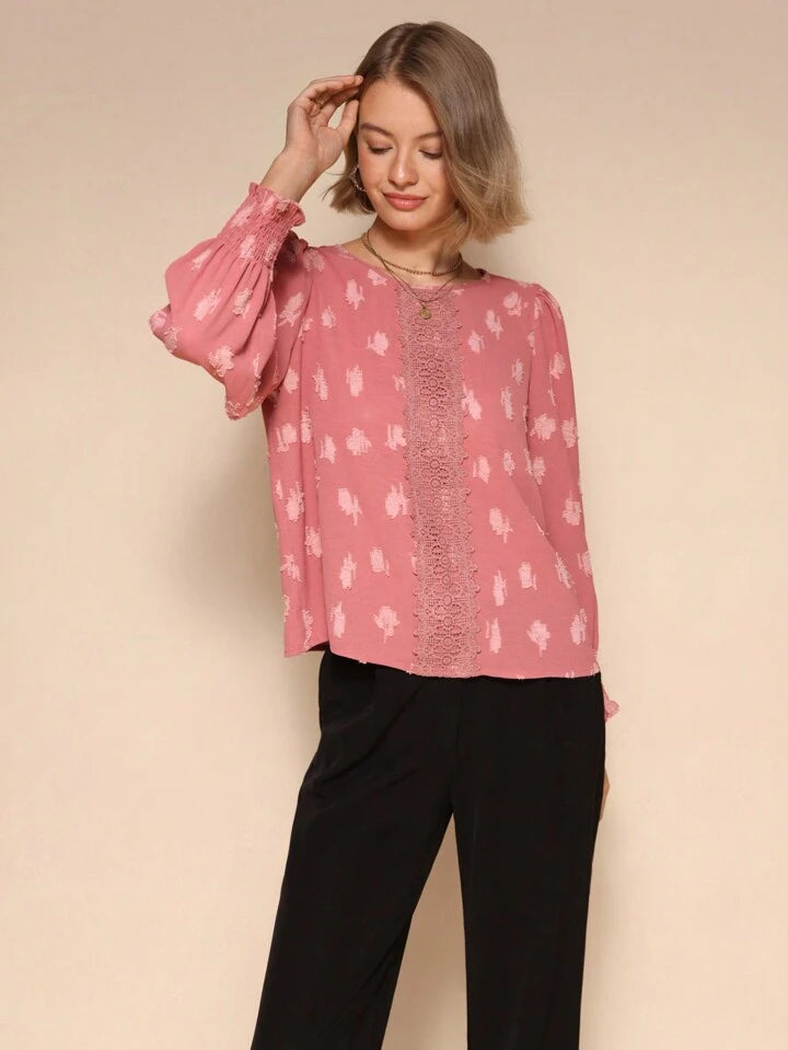 CM-TS656545 Women Casual Seoul Style Lace Patchwork Round Neck Long Sleeve Blouse - Pink
