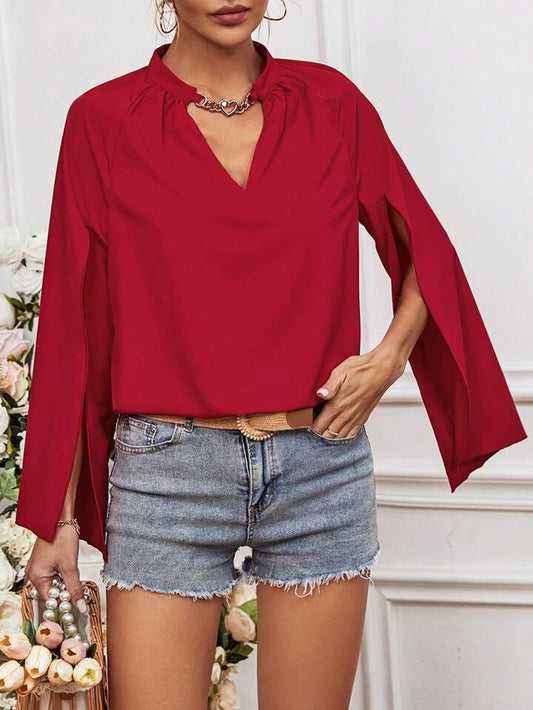 CM-TS630237 Women Elegant Seoul Style Notched Neckline Cape Sleeve Shirt - Red