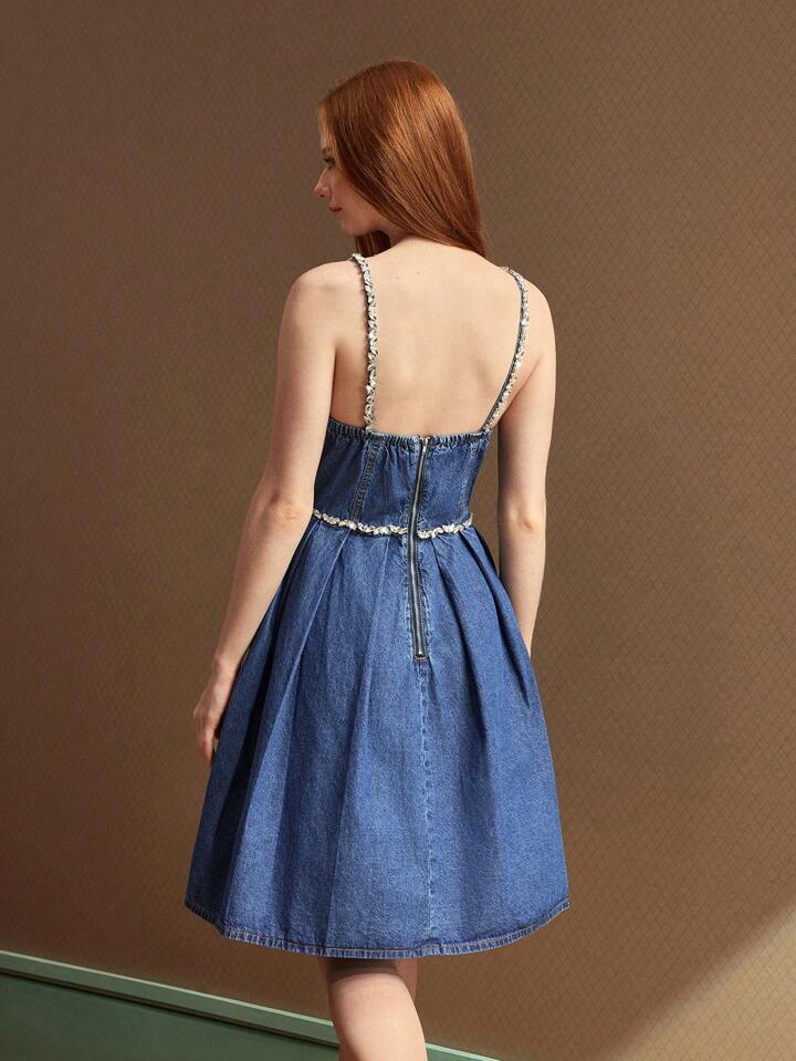 CM-DS808228 Women Elegant Seoul Style Rhinestone Chain Design Sleeveless Denim Mini Dress - Blue