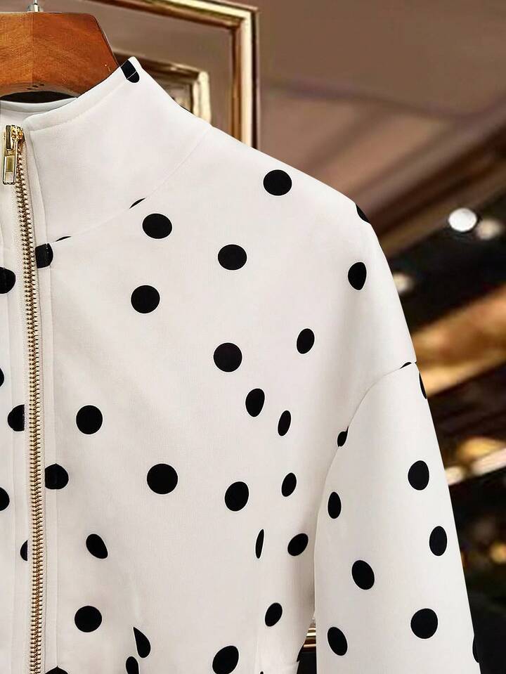 CM-CS807603 Women Elegant Seoul Style Funnel Neckline Long Sleeve Polka Dot Ruffle Hem Knitted Coat