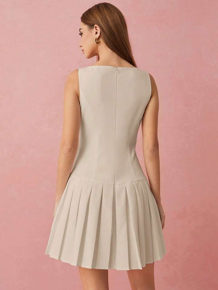 CM-DS170727 Women Elegant Seoul Style Metal Buttons Decor Pleated Hem Sleeveless Mini Dress - Khaki