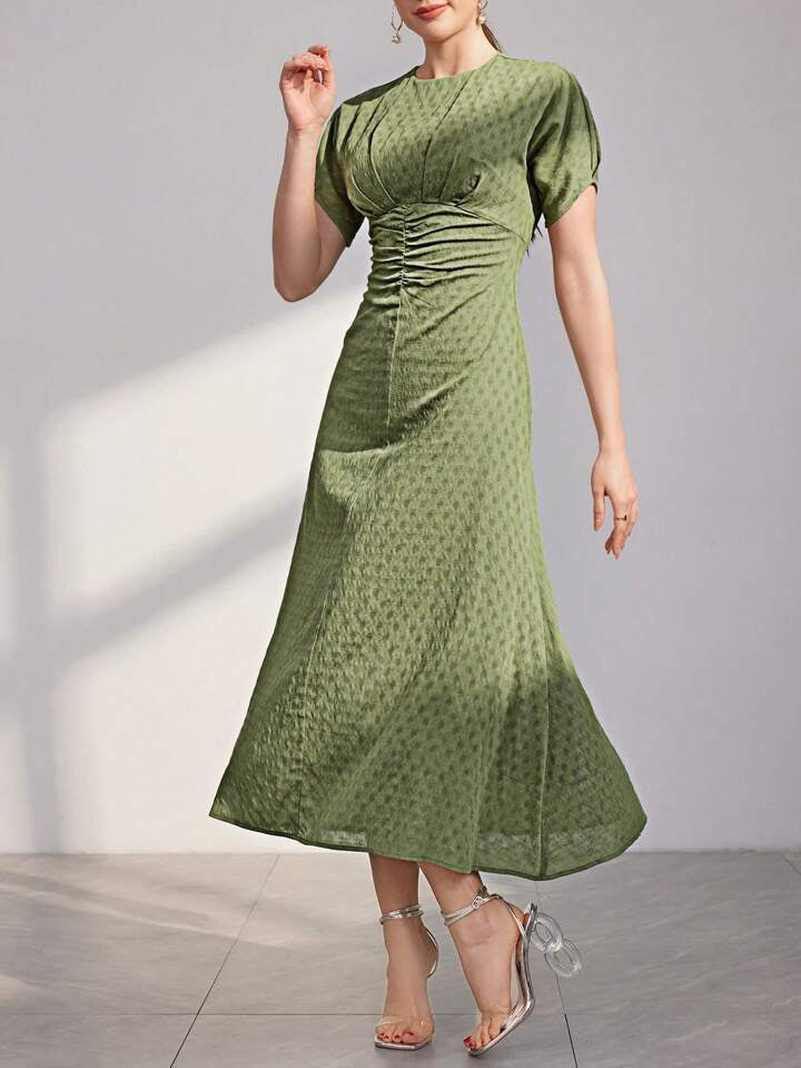 CM-DS764766 Women Elegant Seoul Style Round Neck Short Sleeve Pleated Waist Dress - Green
