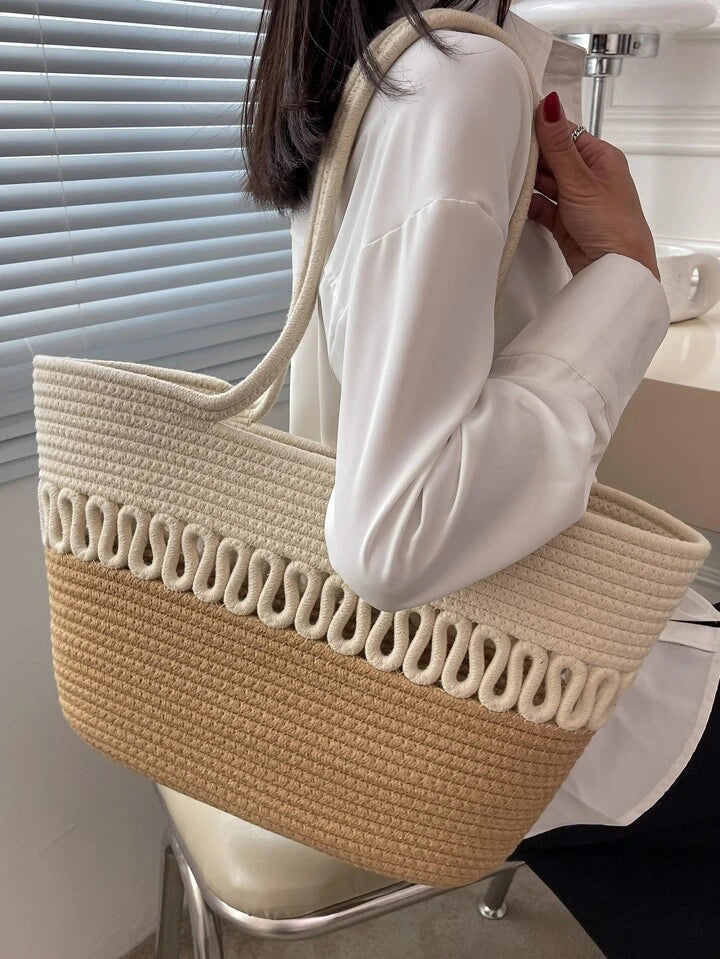 CM-BGS424821 Women Trendy Seoul Style Double Handle Colorblock Beach Bag