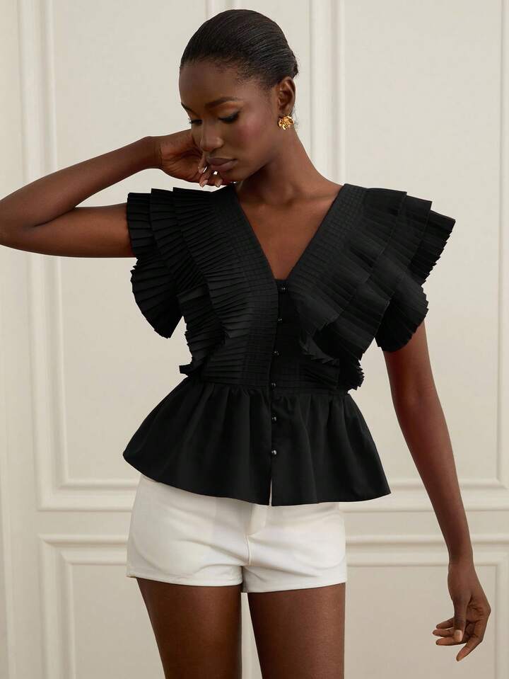 CM-TS444989 Women Elegant Seoul Style V-Neck Flounce Sleeve Multi-Layer Ruffle Pleated Blouse - Black