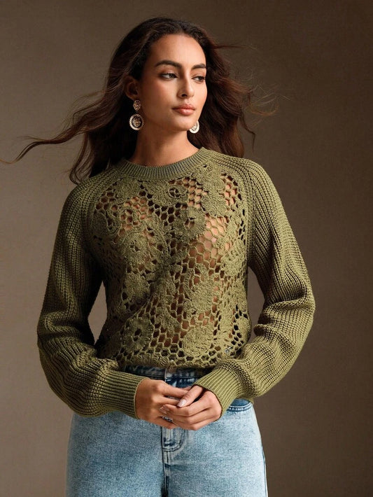 CM-CS500275 Women Elegant Seoul Style Crochet Openwork And Patchwork Design Loose Knit Sweater - Green