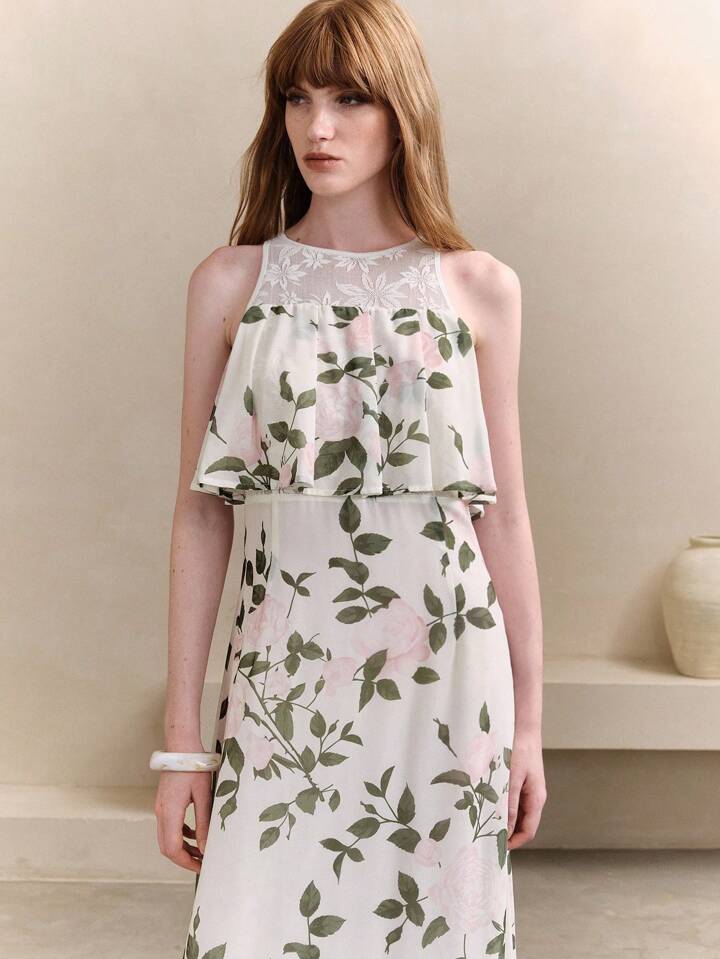 CM-DS131104 Women Elegant Seoul Style Floral Print Crew Neck Waist Cinching Lace Patchwork Ruffle Maxi Dress