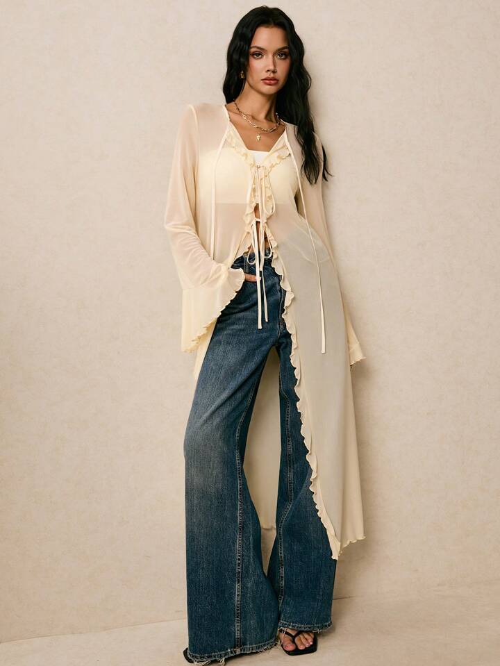 CM-TS834204 Women Casual Seoul Style Solid Color Ruffle Mesh Flare Sleeve Front Tie Long Shirt - Apricot
