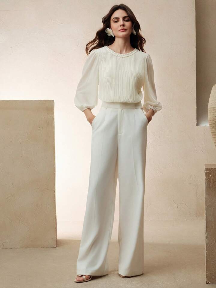 CM-TS513021 Women Elegant Seoul Style Cable Knit Round Neck Pleated Lantern Sleeve Slim Fit Blouse - Beige