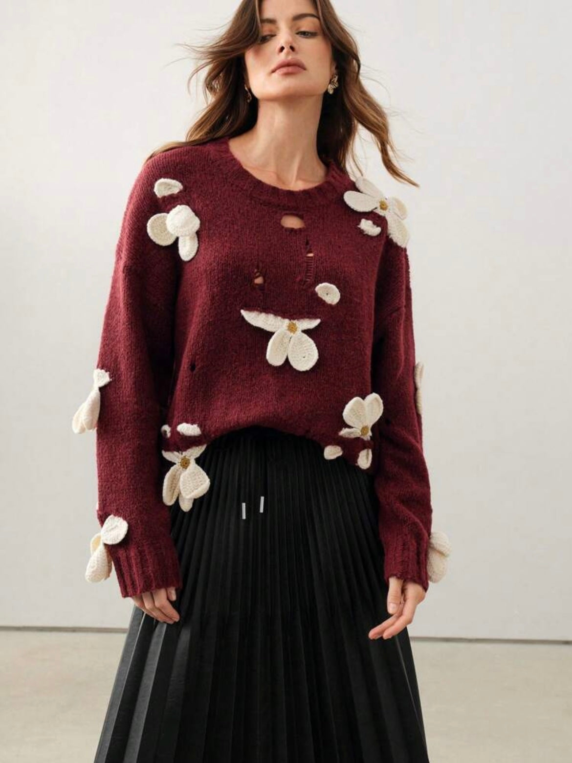 CM-CS771282 Women Casual Seoul Style Round Neck Crochet 3D Floral Long Sleeve Knitted Sweater