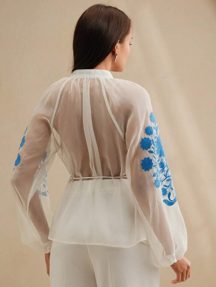 CM-TS691861 Women Elegant Seoul Style Stand Collar Long Sleeve Pleated Embroidered Tie Waist Blouse - Beige