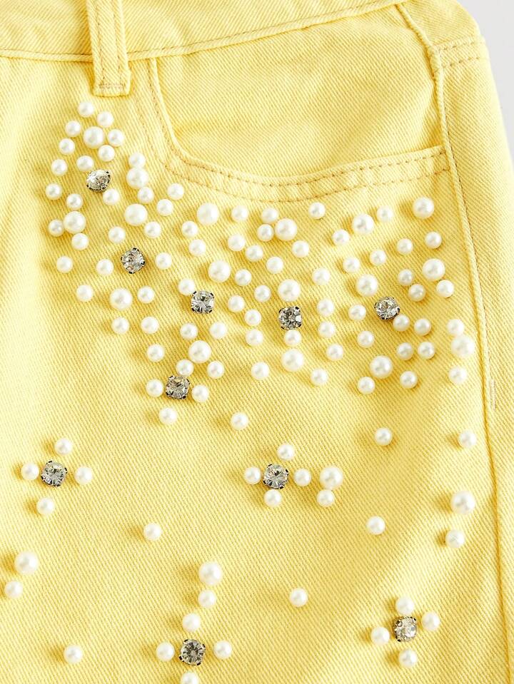 CM-BS414711 Women Casual Seoul Style Pearl Decor Pocket Wide Leg Loose Fit Jeans - Yellow