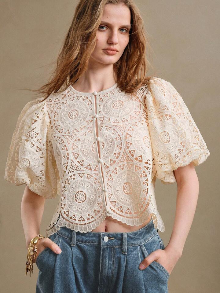 CM-TS318012 Women Elegant Seoul Style Lace Hollow Puff Sleeve Round Neck Placket Shirt - Apricot