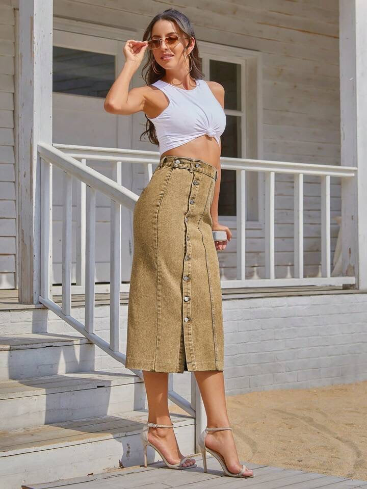 CM-BS183929 Women Casual Seoul Style Solid Button Front Denim Skirt - Brown