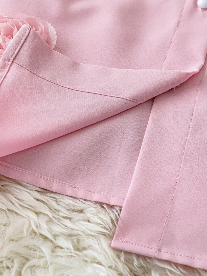 CM-TS134581 Women Casual Seoul Style Collar Neckline 3D Floral Puff Half Sleeve Blouse - Pink