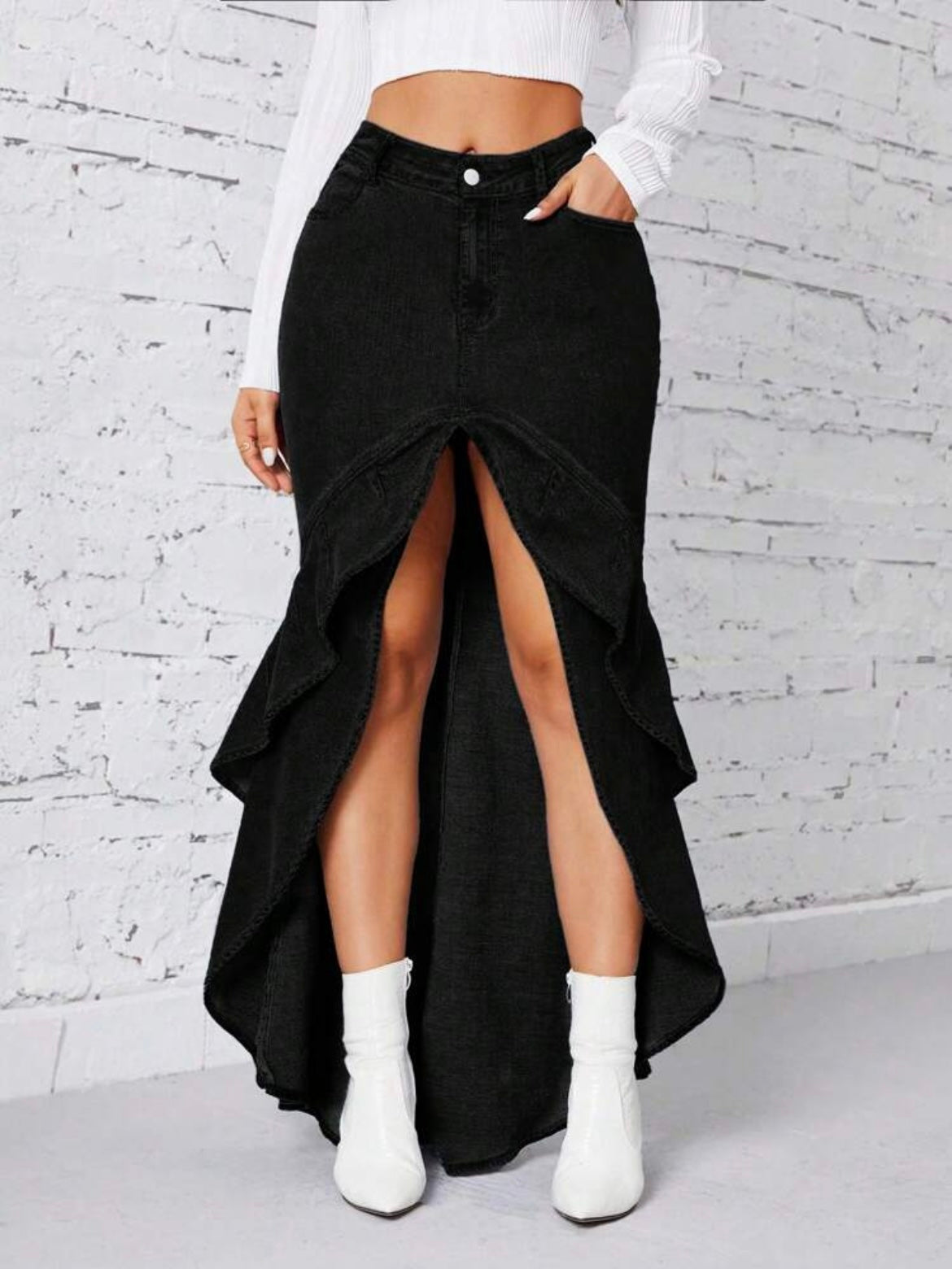 CM-BS844664 Women Casual Seoul Style Asymmetrical Ruffled Hem Side Slit Long Denim Skirt - Black