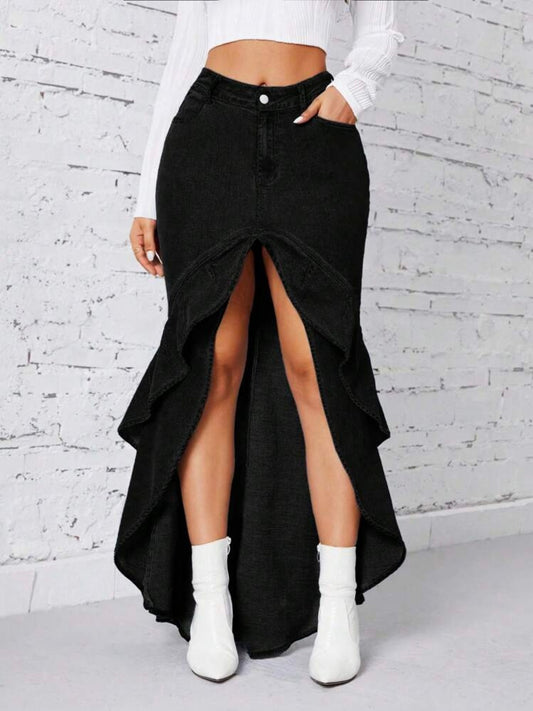 CM-BS844664 Women Casual Seoul Style Asymmetrical Ruffled Hem Side Slit Long Denim Skirt - Black