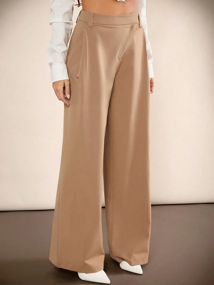 CM-BS199782 Women Elegant Seoul Style Solid Color Drop Waist Wide-Leg Long Pants - Khaki