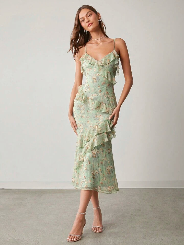 CM-DS882497 Women Elegant Seoul Style Floral Print Ruffle Trim Spaghetti Strap Sleeveless Long Dress - Green