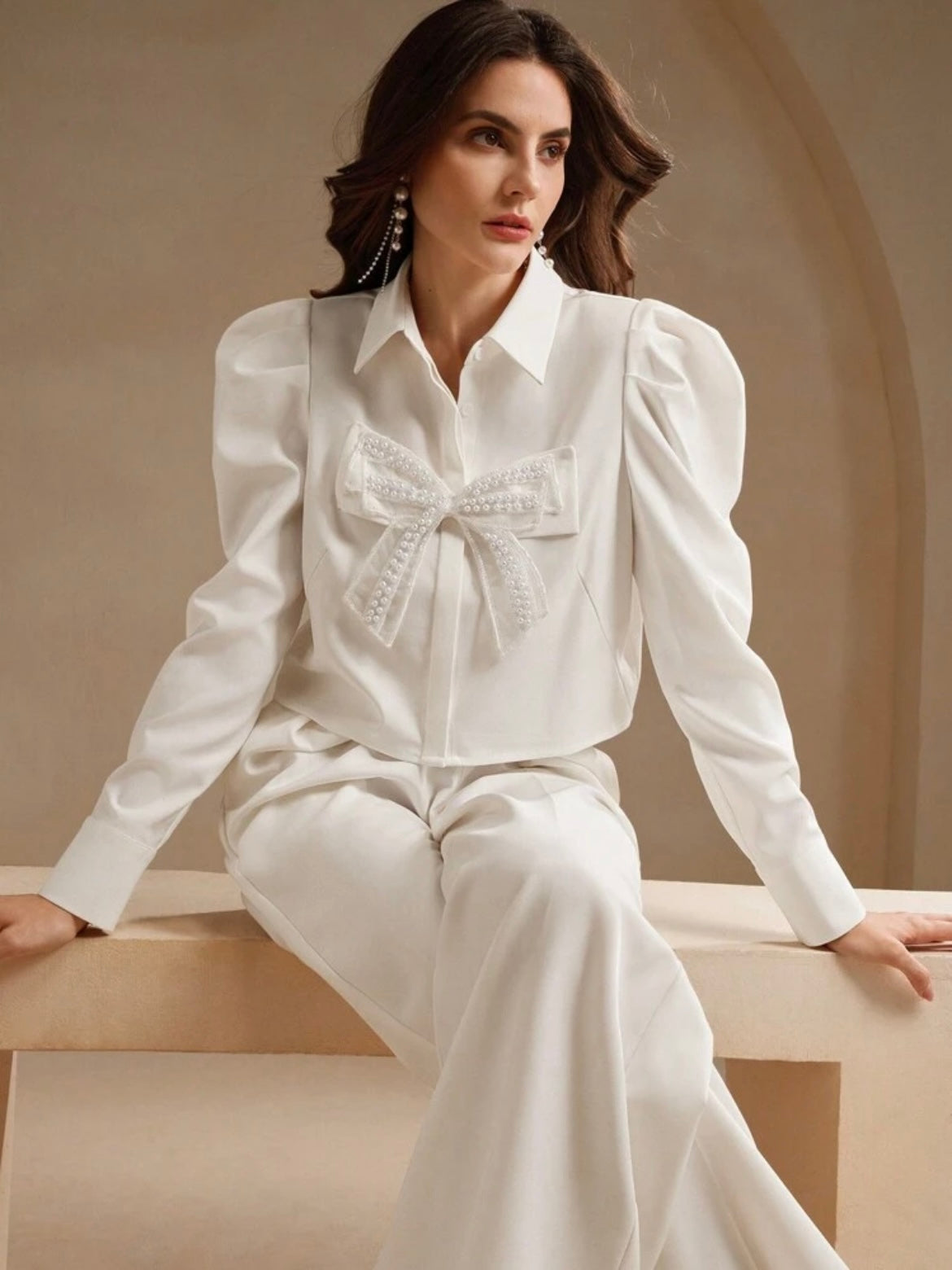CM-TS706634 Women Elegant Seoul Style Collar Neckline Butterfly Pearl Floral Long Sleeve Blouse - White