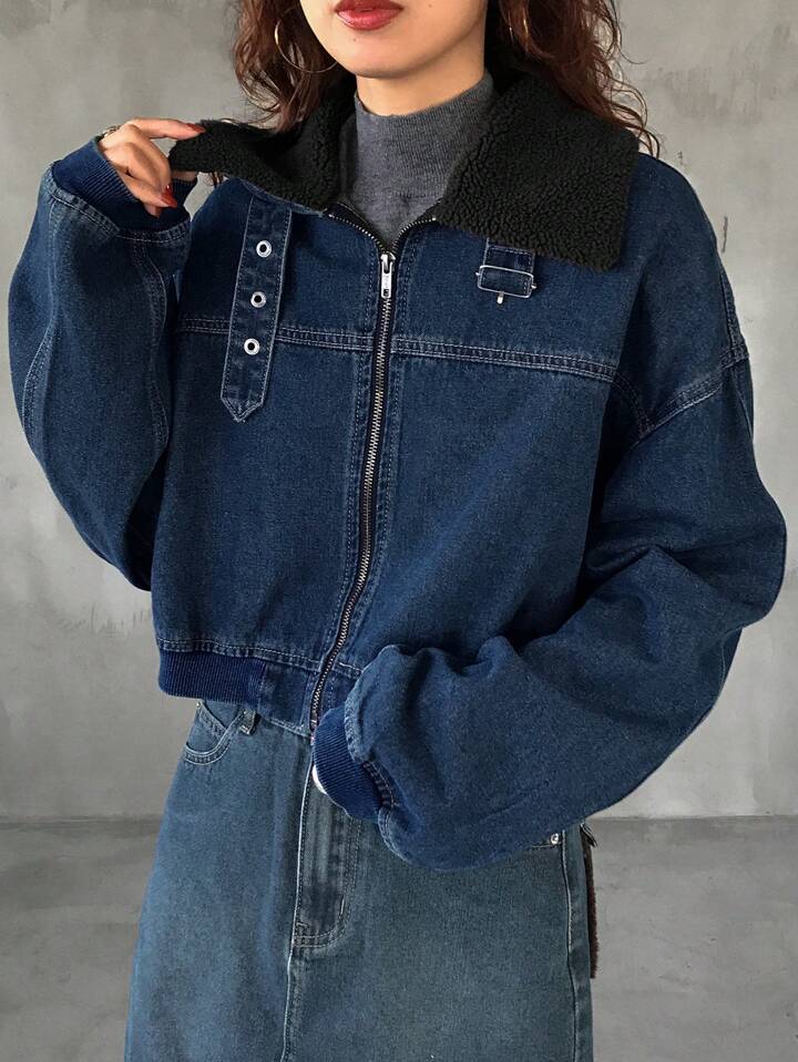 CM-CS538908 Women Casual Seoul Style Long Sleeve Loose Hem Crop Denim Jacket With Furry Collar - Blue