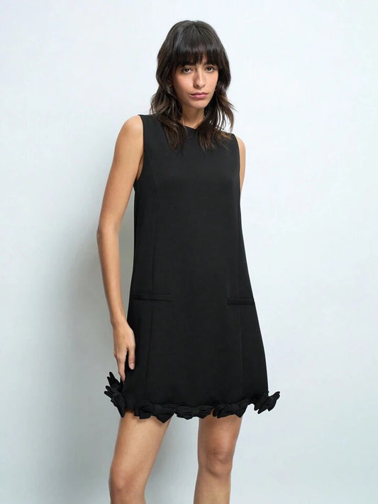 CM-DS332289 Women Elegant Seoul Style Round Neck Bow Decor Sleeveless Mini Dress - Black