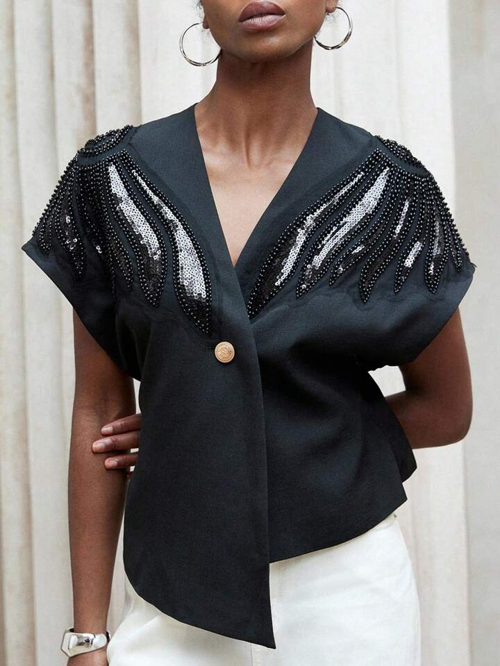 CM-TS354339 Women Elegant Seoul Style Asymmetrical Hem V-Neck Padded Beaded Embroidered Blouse - Black
